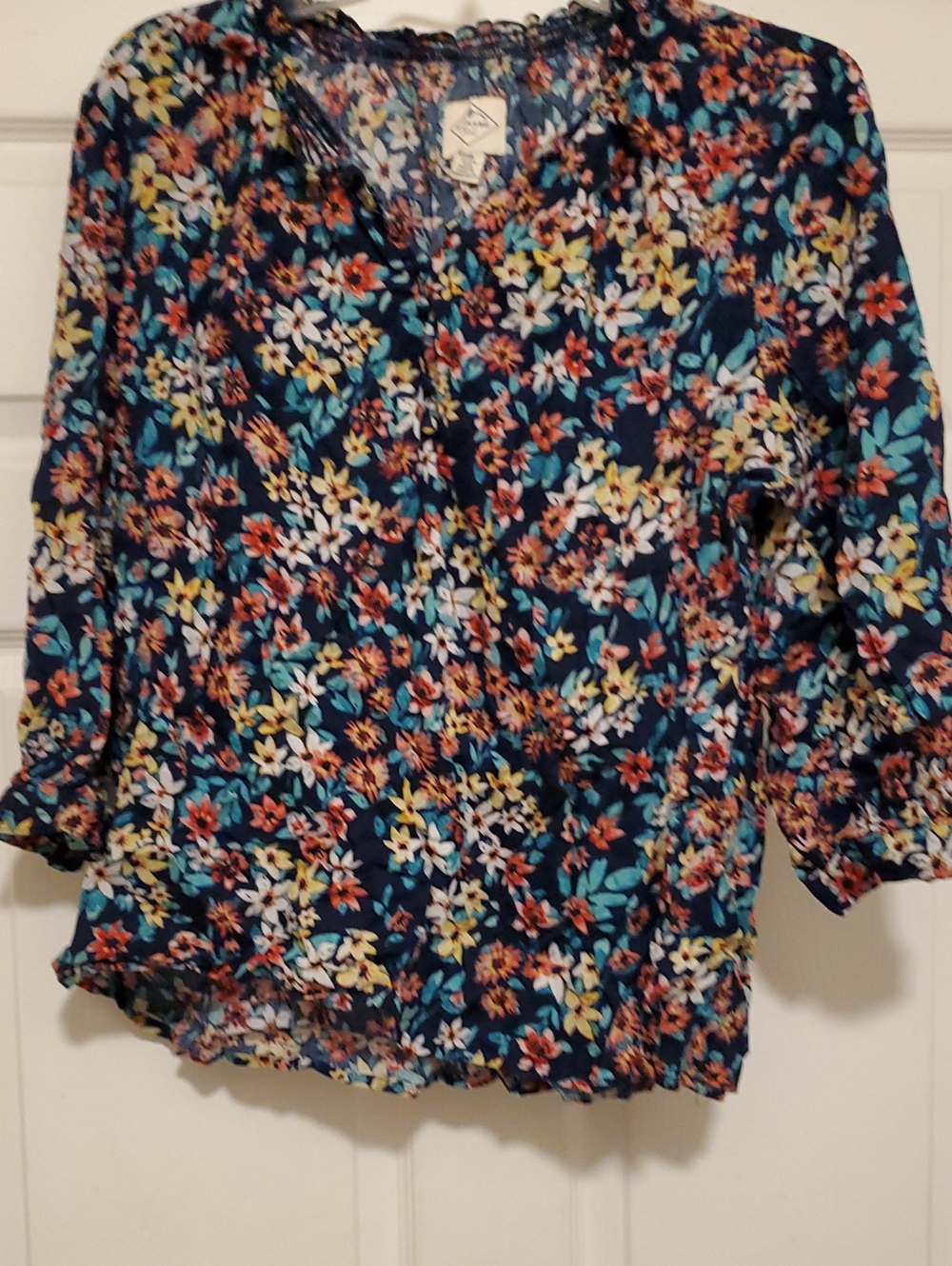 St. John's Bay Navy Floral V-Neck Blouse with Teal & Coral Accents
